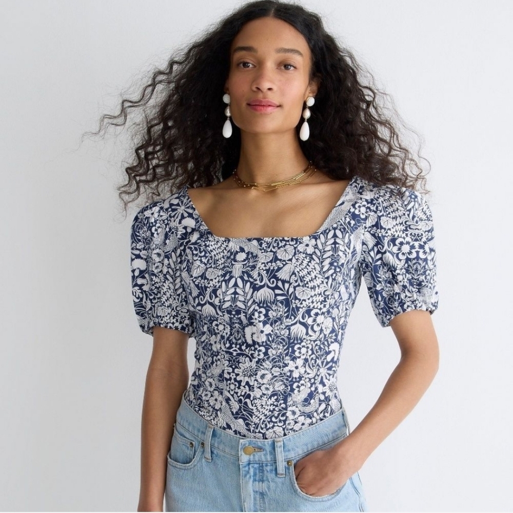 NWT J. Crew Puff Sleeve Cotton Poplin Square Neck Top in Mermaid Floral Size 4